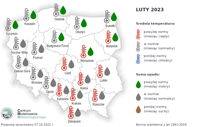 Rys. 4. Prognoza średniej miesięcznej temperatury powietrza i miesięcznej sumy opadów atmosferycznych na luty 2023 r. dla wybranych miast w Polsce