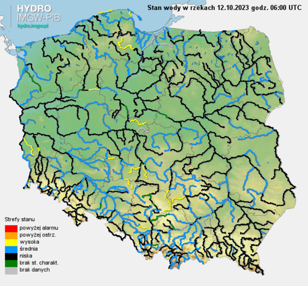Stan wody na rzekach w Polsce 12.10.2023 r. godz. 08:00.