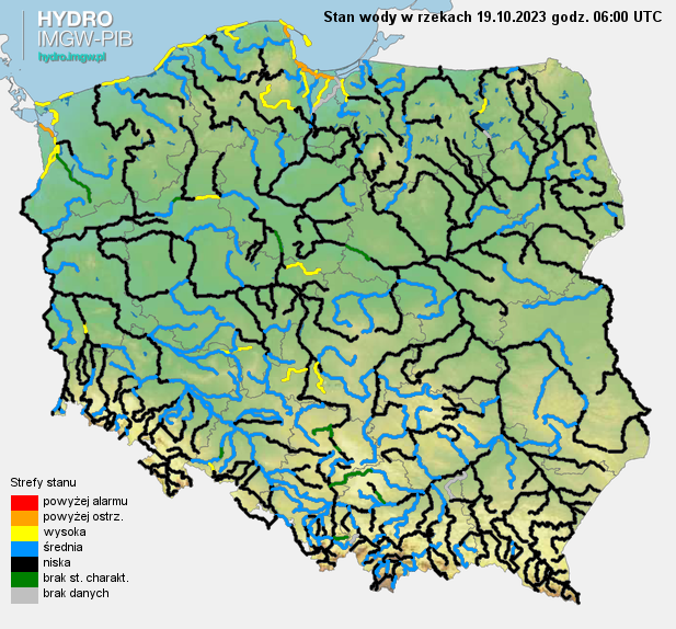 Stan wody na rzekach w Polsce 19.10.2023 r. godz. 8:00.