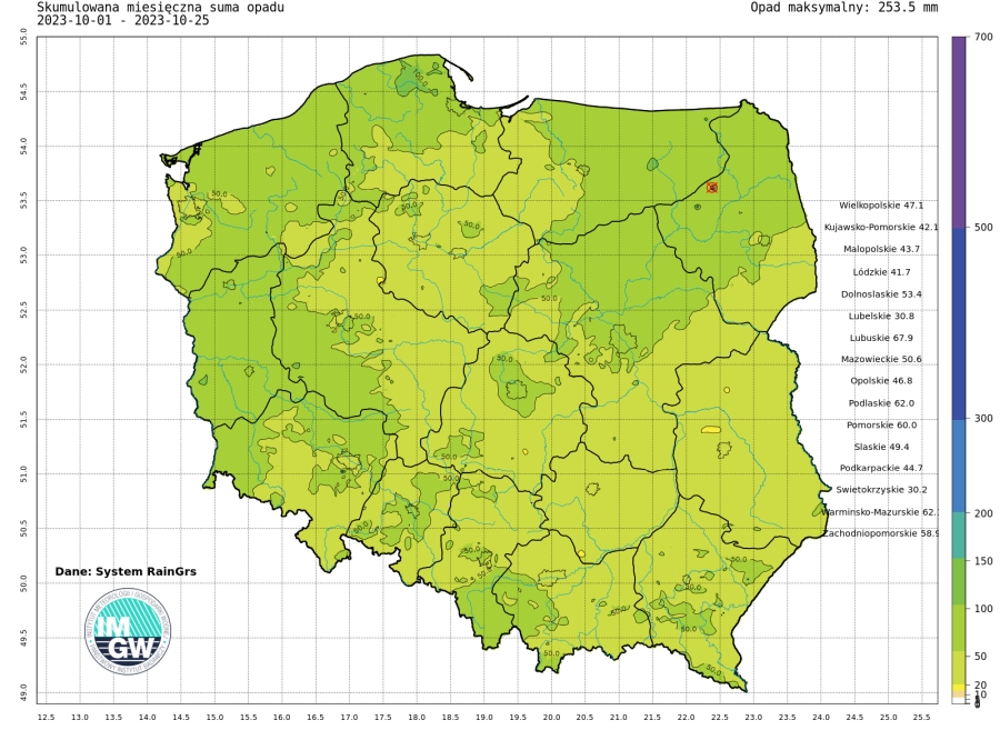 Suma skumulowanego opadu od początku października 2023.