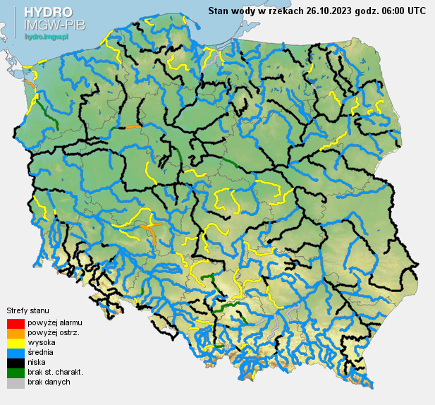 Stan wody na rzekach w Polsce 26.10.2023 r. godz. 8:00.