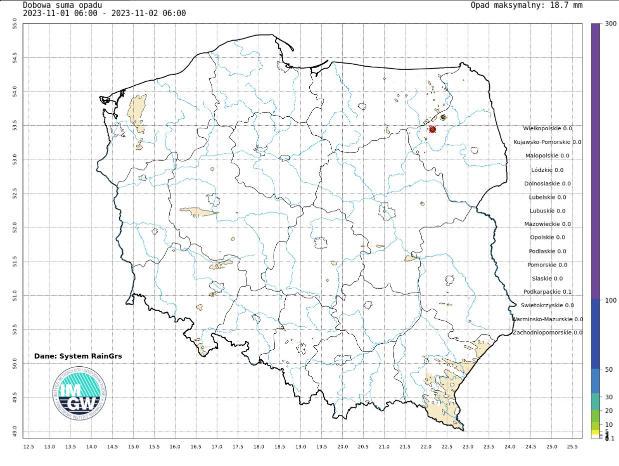 Suma skumulowanego opadu od początku listopada 2023.