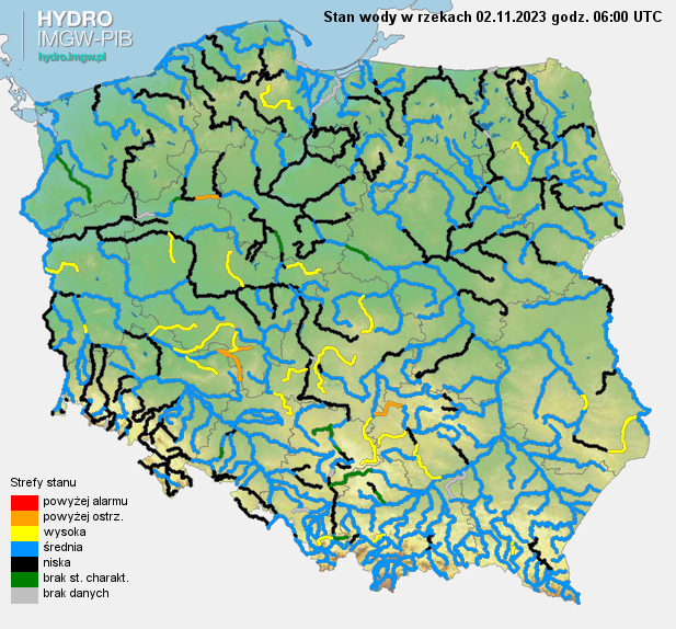 Stan wody na rzekach w Polsce 02.11.2023 r. godz. 7:00.