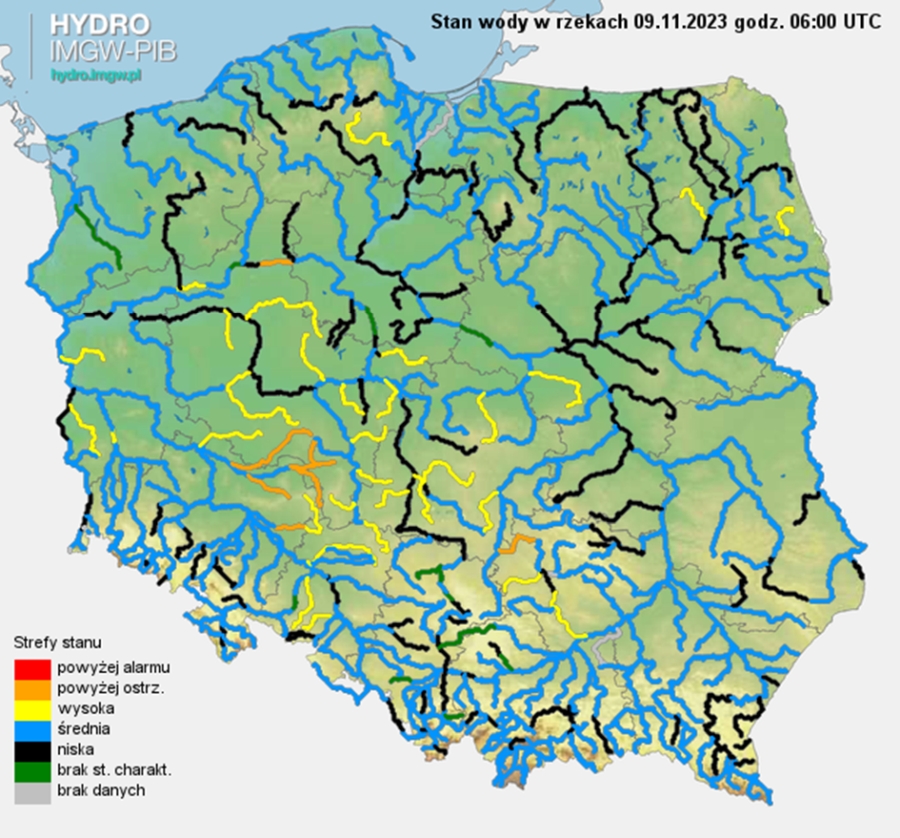 Stan wody na rzekach w Polsce 09.11.2023 r. godz. 7:00.