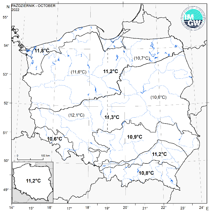 Wartości średniej obszarowej temperatury powietrza w październiku 2022 r. w poszczególnych regionach klimatycznych Polski.