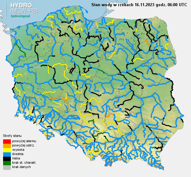 Stan wody na rzekach w Polsce 16.11.2023 r. godz. 7:00.