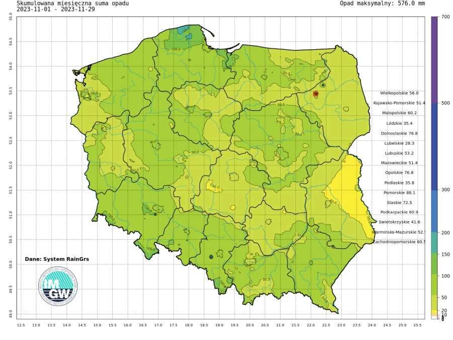 Suma skumulowanego opadu od początku listopada 2023.