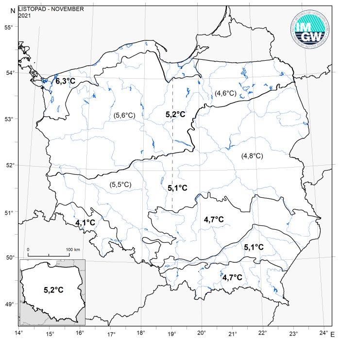 Wartości średniej obszarowej temperatury powietrza w listopadzie 2021 r. w poszczególnych regionach klimatycznych Polski.