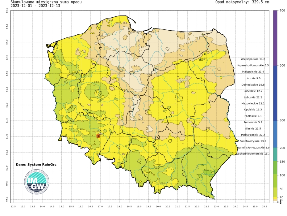 Suma skumulowanego opadu od początku grudnia 2023.