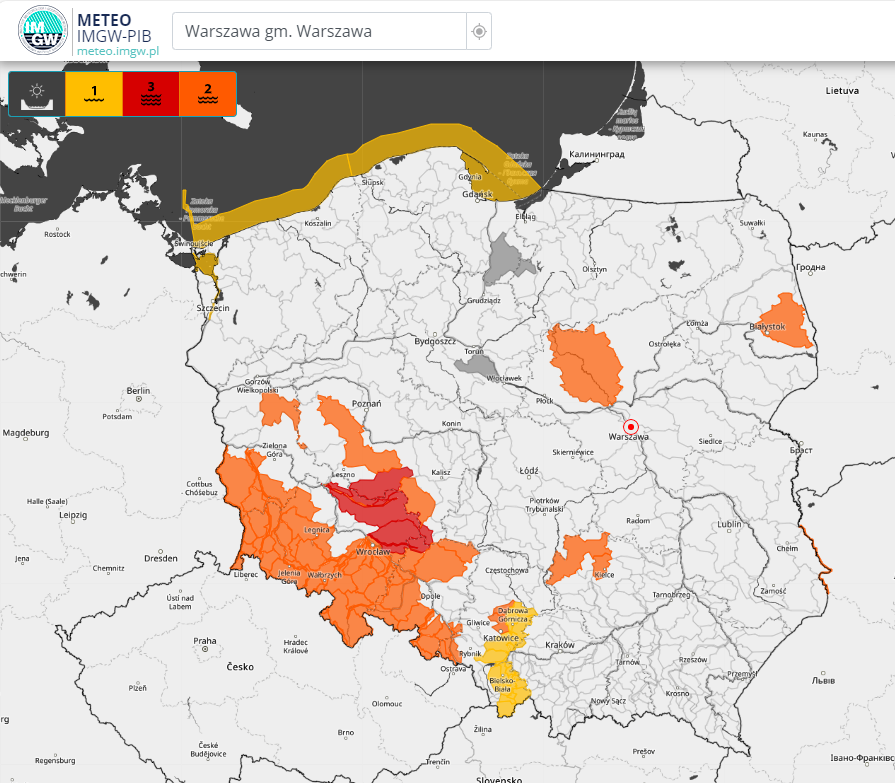 Ostrzeżenia hydrologiczne 1 stopnia (kolor żółty), 2 stopnia (kolor pomarańczowy) i 3 stopnia (kolor czerwony) 21.12.2023 r.