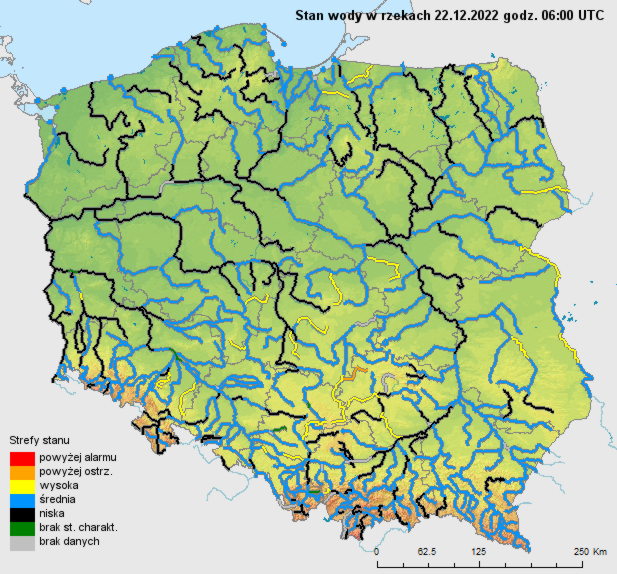 Stan wody na rzekach w Polsce 22.12.2022 r. godz. 7:00.