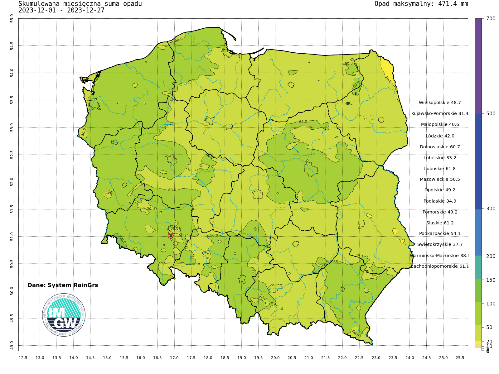 Suma skumulowanego opadu od początku grudnia 2023.