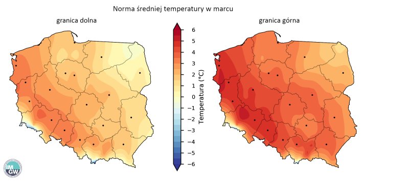 Rys. 2. Granice normy wieloletniej średniej temperatury powietrza w marcu