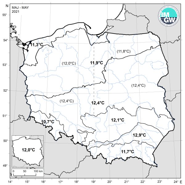 Wartości średniej obszarowej temperatury powietrza w maju 2021 r. w poszczególnych regionach klimatycznych Polski