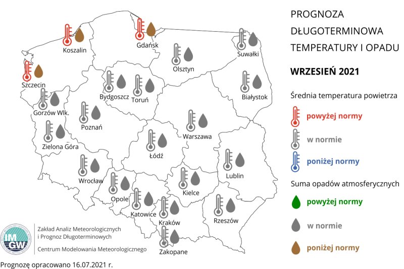Rys. 1. Prognoza średniej miesięcznej temperatury powietrza i miesięcznej sumy opadów atmosferycznych na wrzesień 2021 r. dla wybranych miast w Polsce