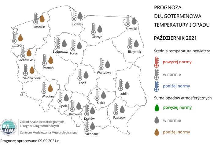 Prognoza średniej miesięcznej temperatury powietrza i miesięcznej sumy opadów atmosferycznych na październik 2021 r. dla wybranych miast w Polsce.