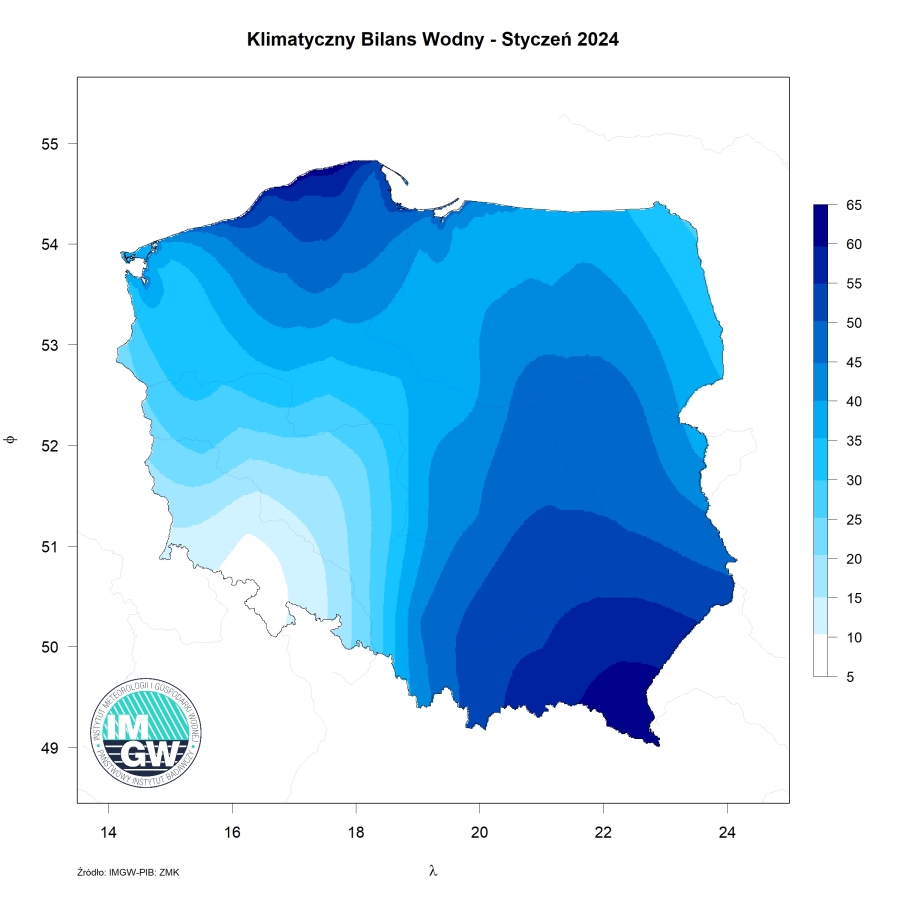 Przestrzenny rozkład klimatycznego bilansu wodnego – styczeń 2024