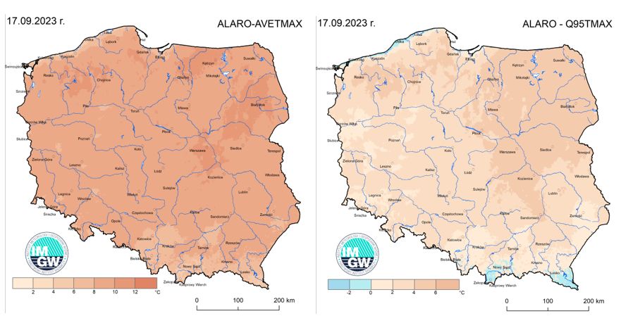Anomalia prognozy TMAX (2023-09-17) względem notowanych charakterystyk wieloletnich (1991-2020): ALARO-AVETMAX – ALARO-wartość średnia TMAX (po lewej), ALARO-Q95TMAX – ALARO-kwantyl 95% TMAX (po prawej).
