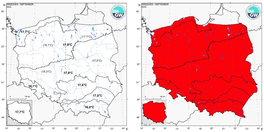 Wartości średniej obszarowej temperatury powietrza oraz klasyfikacja termiczna we wrześniu 2023 r. w poszczególnych regionach klimatycznych Polski.