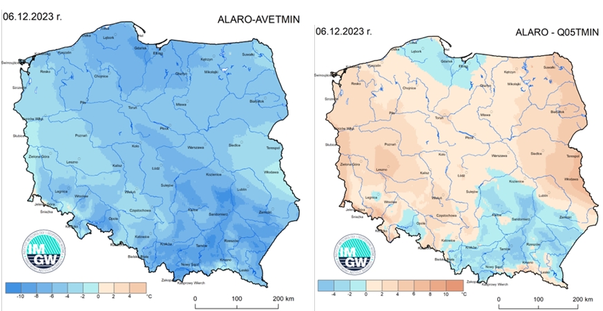 Anomalia prognozowanych przez model ALARO wartości TMIN (2023-12-06) względem wybranych charakterystyk wieloletnich (1991-2020) – względem wartości średniej (po lewej) oraz względem wartości kwantyla 5% (po prawej).