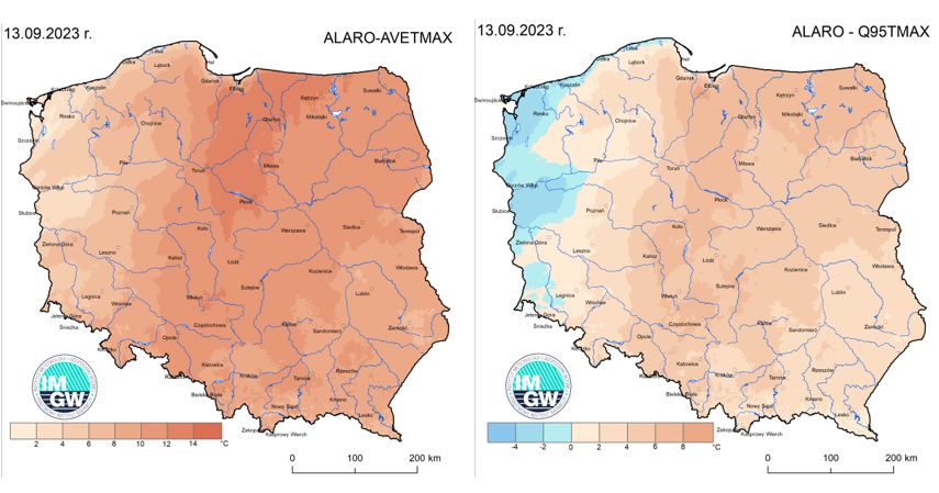 Anomalia prognozy TMAX (2023-09-12) względem notowanych charakterystyk wieloletnich (1991-2020): ALARO-AVETMAX – ALARO-wartość średnia TMAX (po lewej), ALARO-Q95TMAX – ALARO-kwantyl 95% TMAX (po prawej).