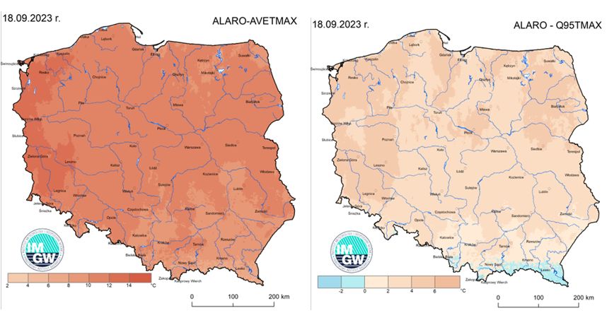 Anomalia prognozy TMAX (2023-09-18) względem notowanych charakterystyk wieloletnich (1991-2020): ALARO-AVETMAX – ALARO-wartość średnia TMAX (po lewej), ALARO-Q95TMAX – ALARO-kwantyl 95% TMAX (po prawej).