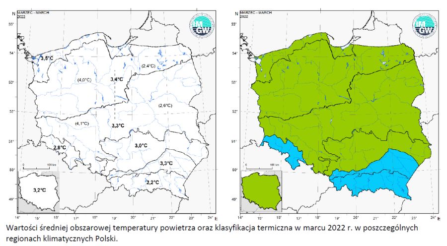 Wartości średniej obszarowej temperatury powietrza oraz klasyfikacja termiczna w marcu 2022 r. w poszczególnych regionach klimatycznych Polski.