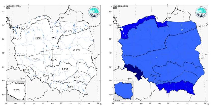 Wartości średniej obszarowej temperatury powietrza oraz klasyfikacja termiczna w kwietniu 2023 r. w poszczególnych regionach klimatycznych Polski.