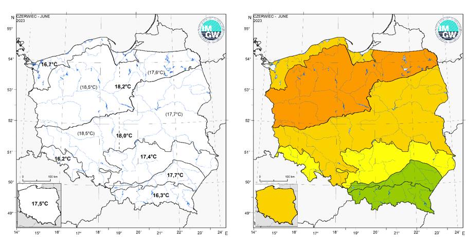 Wartości średniej obszarowej temperatury powietrza oraz klasyfikacja termiczna w czerwcu 2023 r. w po-szczególnych regionach klimatycznych Polski.