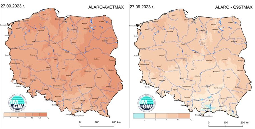 Anomalia prognozy TMAX (2023-09-27) względem notowanych charakterystyk wieloletnich (1991-2020): ALARO-AVETMAX – ALARO-wartość średnia TMAX (po lewej), ALARO-Q95TMAX – ALARO-kwantyl 95% TMAX (po prawej).