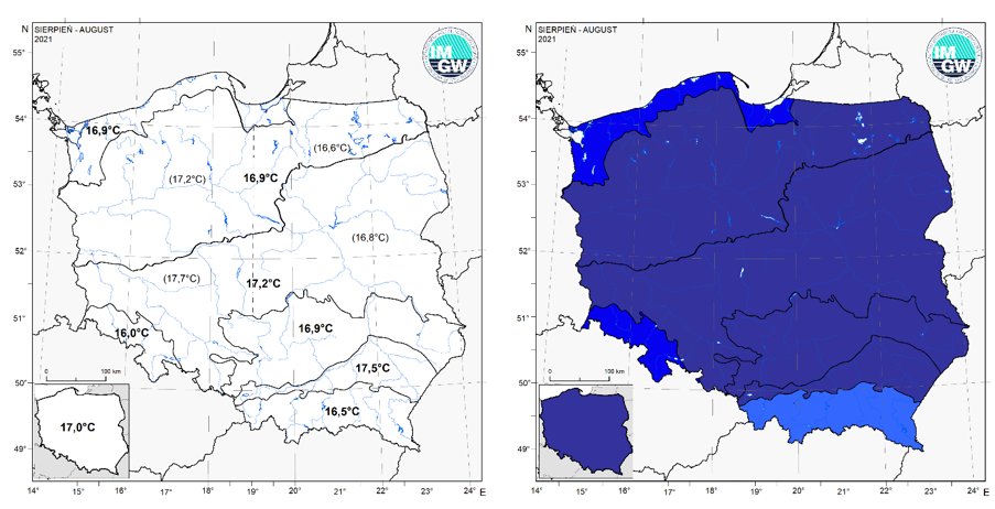 Wartości średniej obszarowej temperatury powietrza oraz klasyfikacja termiczna w sierpniu 2021 r. w poszczególnych regionach klimatycznych Polski.
