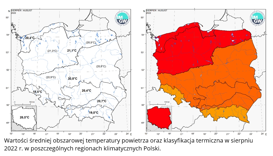 Wartości średniej obszarowej temperatury powietrza oraz klasyfikacja termiczna w sierpniu 2022 r. w poszczególnych regionach klimatycznych Polski.