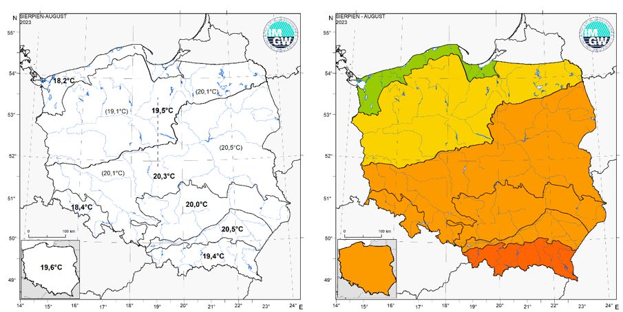 Wartości średniej obszarowej temperatury powietrza oraz klasyfikacja termiczna w sierpniu 2023 r. w poszczególnych regionach klimatycznych Polski