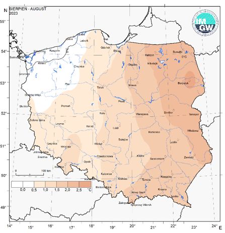 Przestrzenny rozkład anomalii średniej miesięcznej temperatury powietrza w sierpniu 2023 r. w stosunku do normy (tj. średniej miesięcznej wartości wieloletniej elementu w okresie 1991-2020).