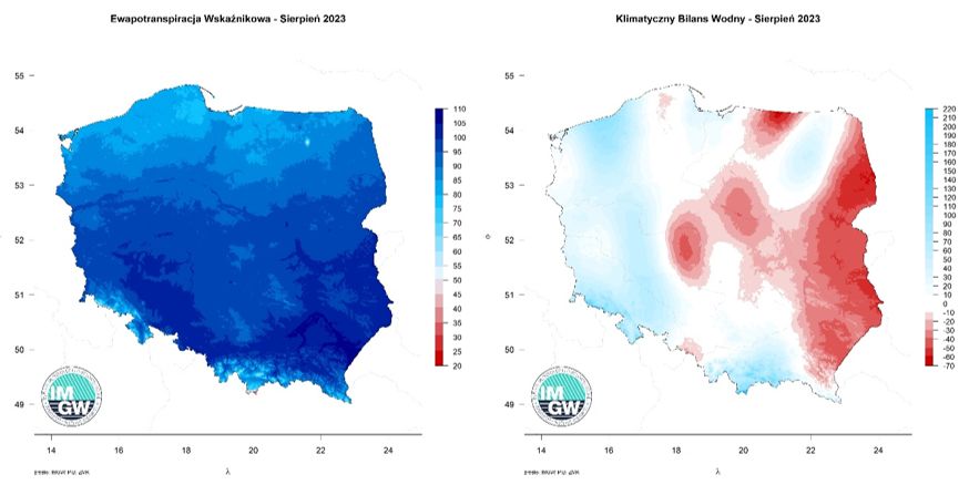 Przestrzenny rozkład sumy parowania potencjalnego oraz przestrzenny rozkład klimatycznego bilansu wodnego w sierpniu 2023 r.