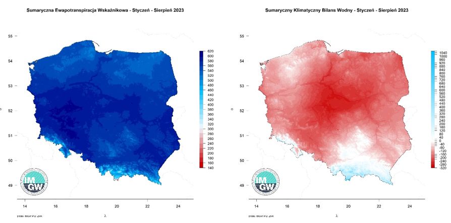 Przestrzenny rozkład skumulowanej sumy parowania potencjalnego w okresie styczeń-sierpień 2023 r. oraz przestrzenny rozkład klimatycznego bilansu wodnego.