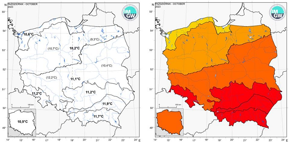Wartości średniej obszarowej temperatury powietrza oraz klasyfikacja termiczna w październiku 2023 r. w poszczególnych regionach klimatycznych Polski.