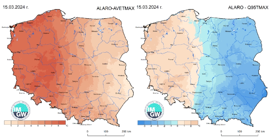 Anomalia prognozy TMAX (2024-03-15) względem notowanych charakterystyk wieloletnich (1991-2020): ALARO-AVETMAX – ALARO-wartość średnia TMAX (po lewej), ALARO-Q95TMAX – ALARO-kwantyl 95% TMAX (po prawej).