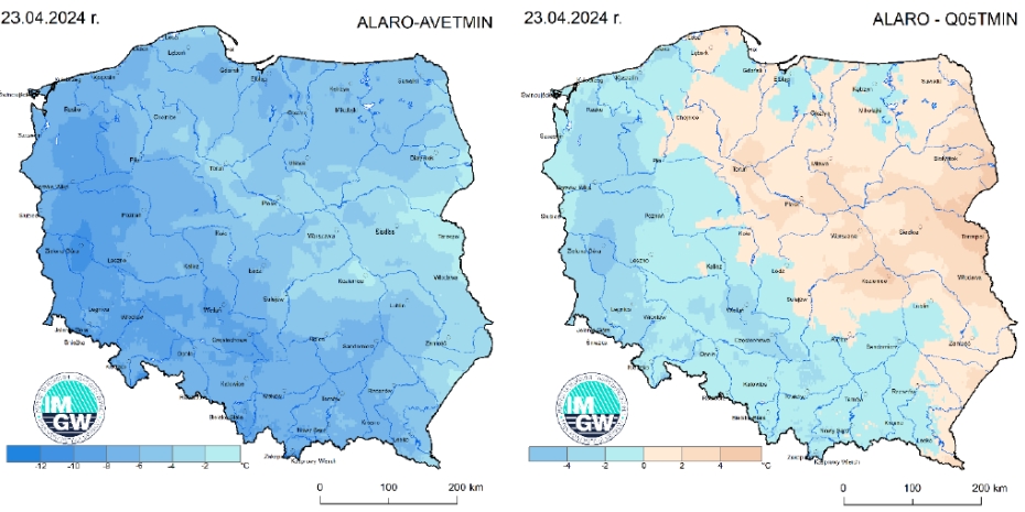 Anomalia prognozy TMIN (2024-04-23) względem notowanych charakterystyk wieloletnich (1991-2020): ALA-RO-AVETMIN – ALARO-wartość średnia TMIN (po lewej), ALARO-Q05TMIN – ALARO-kwantyl 5% TMIN (po prawej).