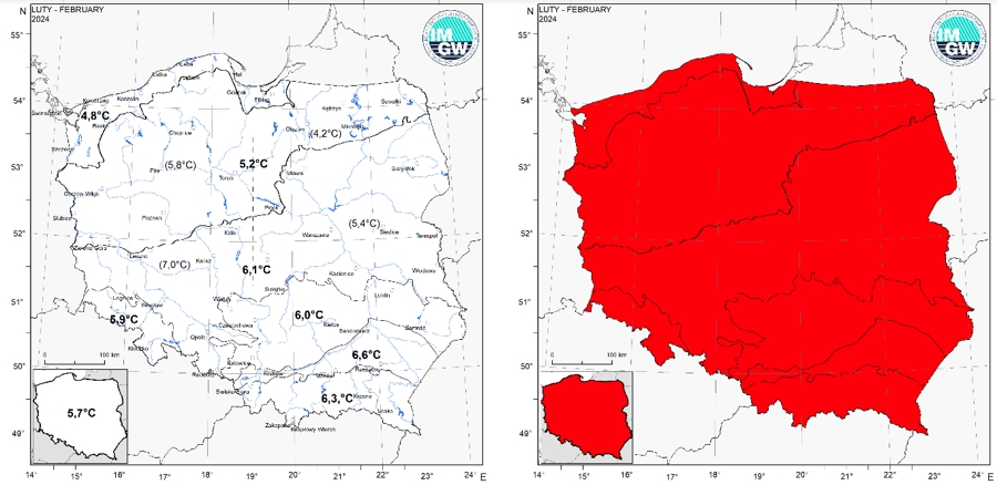 Wartości średniej obszarowej temperatury powietrza oraz klasyfikacja termiczna w lutym 2024 r. w poszczególnych regionach klimatycznych Polski.