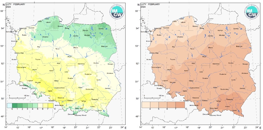 Średnia miesięczna temperatura powietrza (po lewej) oraz anomalia względem wartości wieloletnich 1991-2020 (po prawej) – luty 2024.