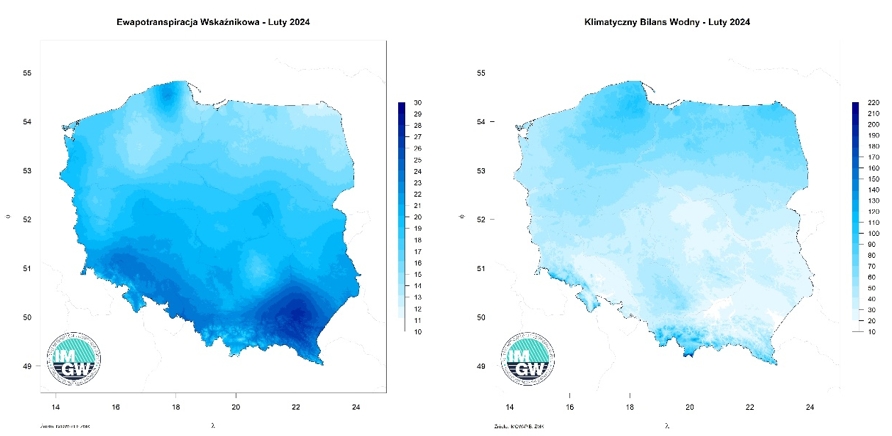 Przestrzenny rozkład sumy parowania potencjalnego (po lewej) oraz przestrzenny rozkład wartości klimatycznego bilansu wodnego (po prawej) – luty 2024 r.