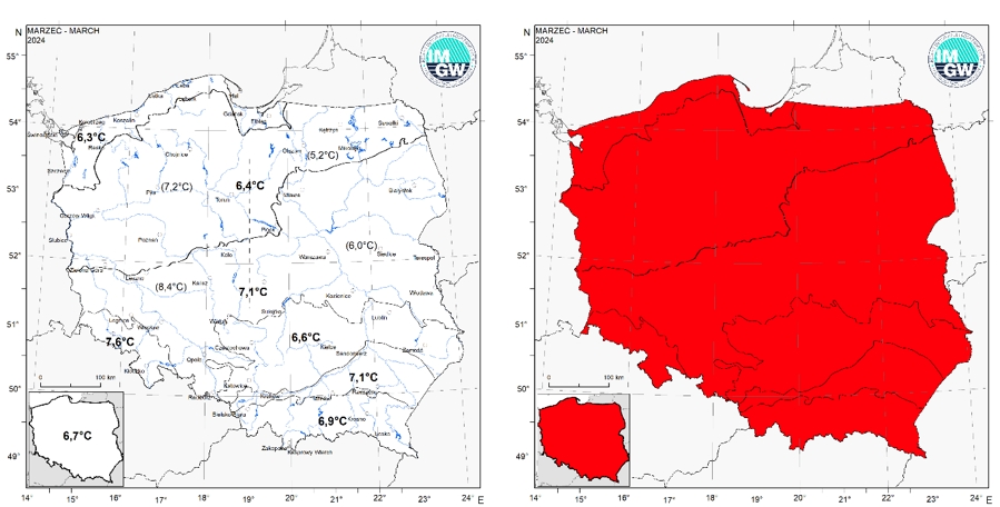 Wartości średniej obszarowej temperatury powietrza oraz klasyfikacja termiczna w marcu 2024 r. w poszczególnych regionach klimatycznych Polski.