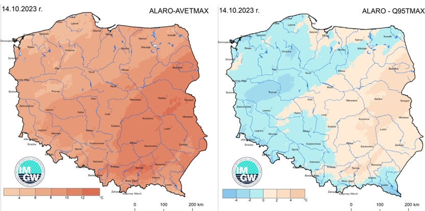 Anomalia prognozy TMAX (2023-10-14) względem notowanych charakterystyk wieloletnich (1991-2020): ALARO-AVETMAX – ALARO-wartość średnia TMAX (po lewej), ALARO-Q95TMAX – ALARO-kwantyl 95% TMAX (po prawej).
