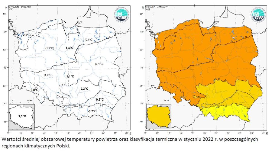 Wartości średniej obszarowej temperatury powietrza oraz klasyfikacja termiczna w styczniu 2022 r. w poszczególnych regionach klimatycznych Polski.