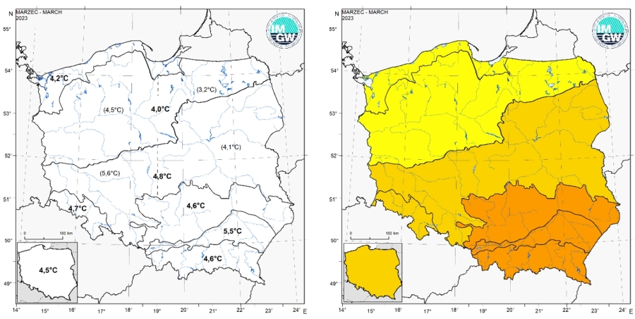 Wartości średniej obszarowej temperatury powietrza oraz klasyfikacja termiczna w marcu 2023 r. w poszczególnych regionach klimatycznych Polski.