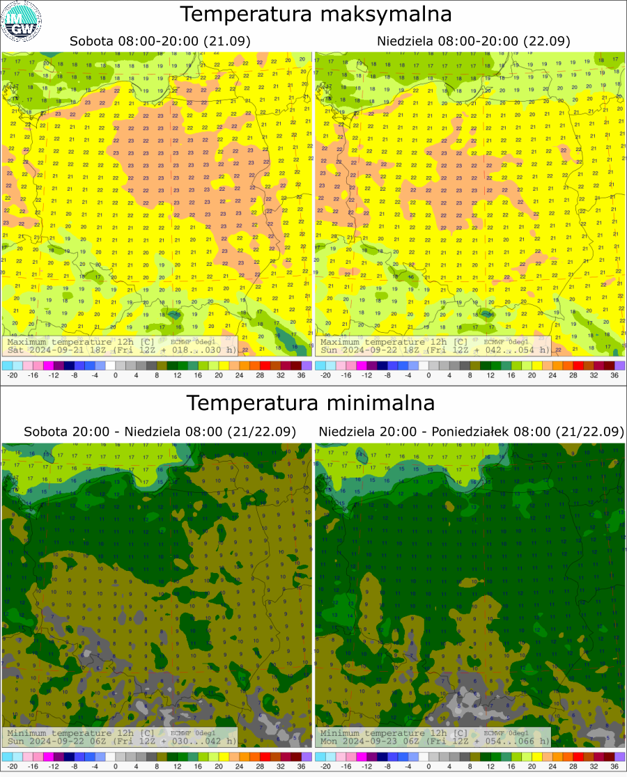 Prognozowana temperatura maksymalna i minimalna na kolejne dwie doby. Model ECMWF 0.1°