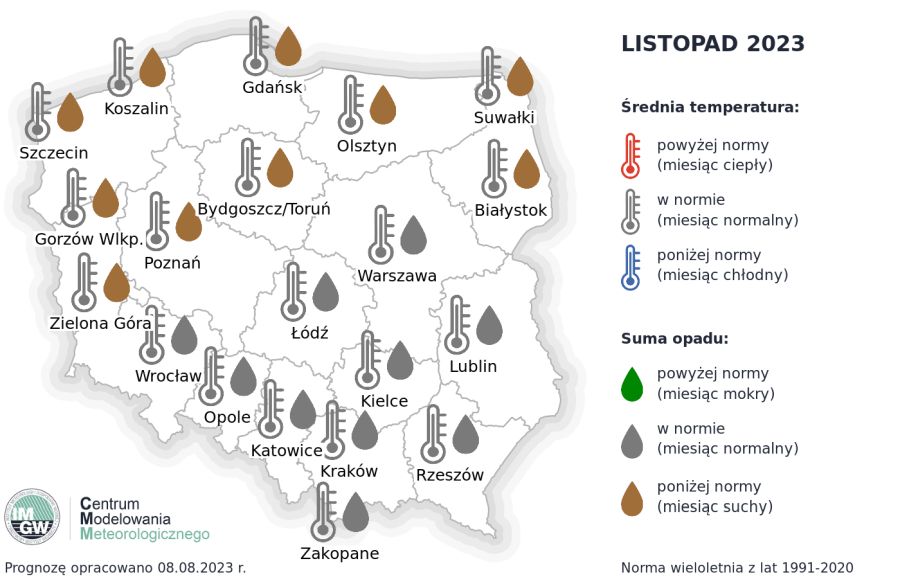 Rys. 3. Prognoza średniej miesięcznej temperatury powietrza i miesięcznej sumy opadów atmosferycznych na listopad 2023 r. dla wybranych miast w Polsce