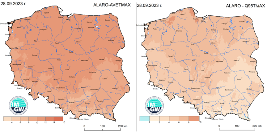 Anomalia prognozy TMAX (2023-09-28) względem notowanych charakterystyk wieloletnich (1991-2020): ALARO-AVETMAX – ALARO-wartość średnia TMAX (po lewej), ALARO-Q95TMAX – ALARO-kwantyl 95% TMAX (po prawej).