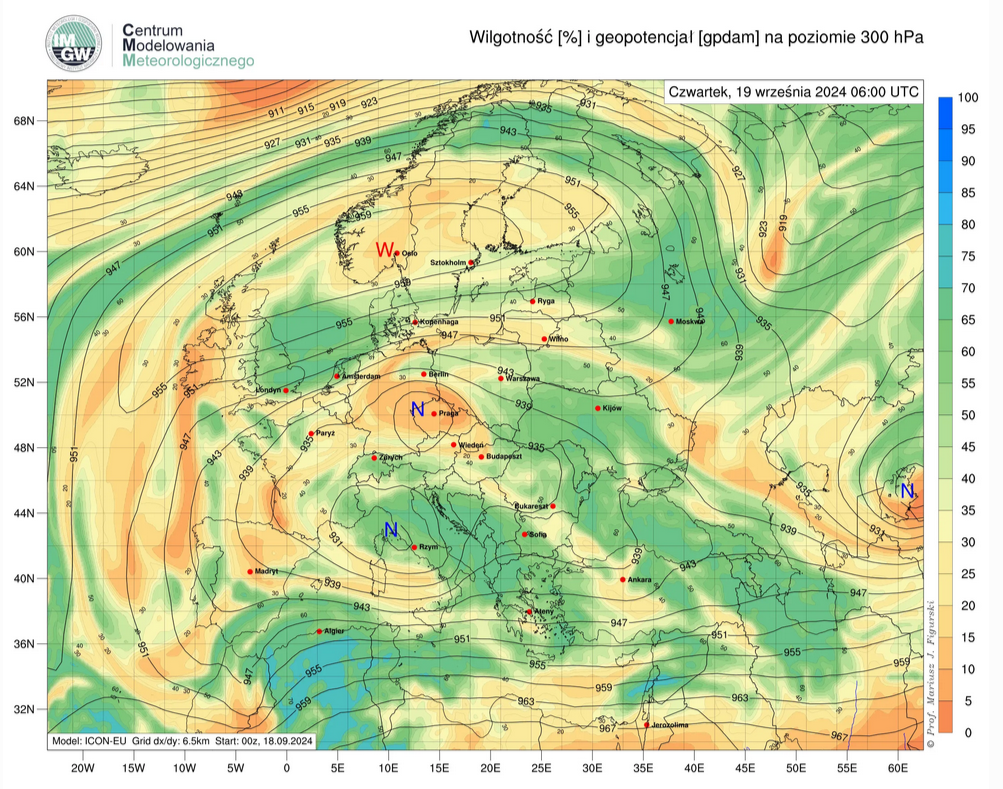 Prognozowany przez model ICON-EU rozkład wilgotności względnej i geopotencjału na poziomie 300 hPa w czwartek (19.09 06:00 UTC) nad Europą. Nad południowo-zachodnią Polską zaznacza się niż górny.